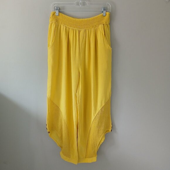 Rosidam Women's Size L-XL Pants Bohemian Linen Hippie Yellow Mesh Button Elastic - Picture 1 of 15